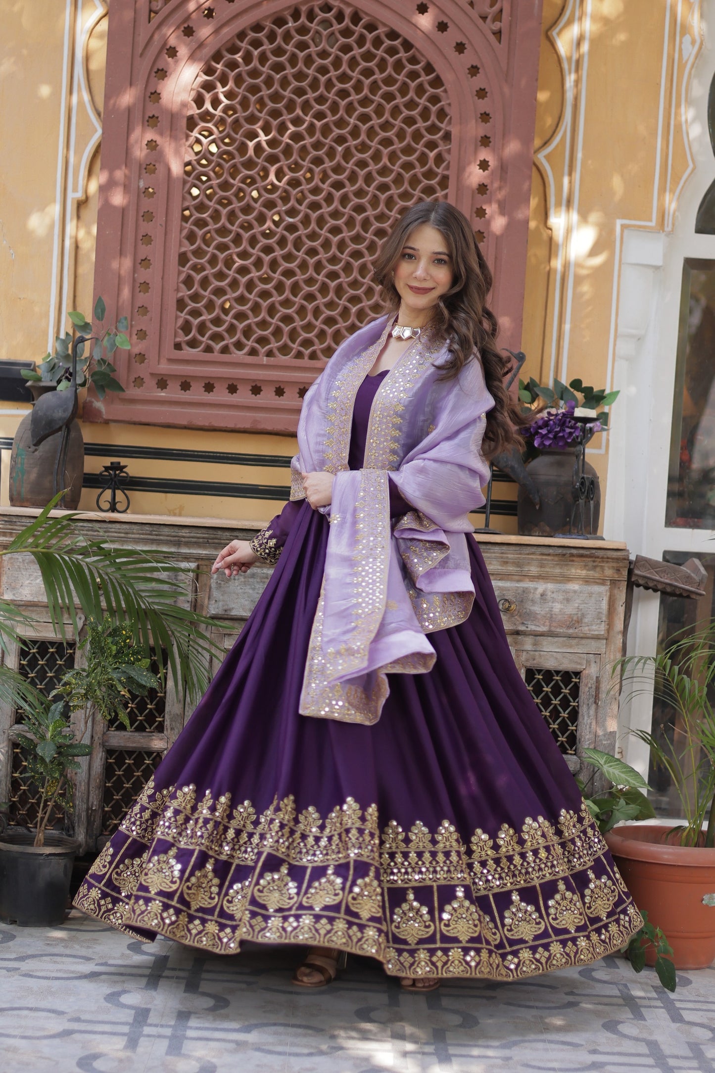 Wine Star Georgette with Embroidery Zari Sequins Work Gown With Dupatta