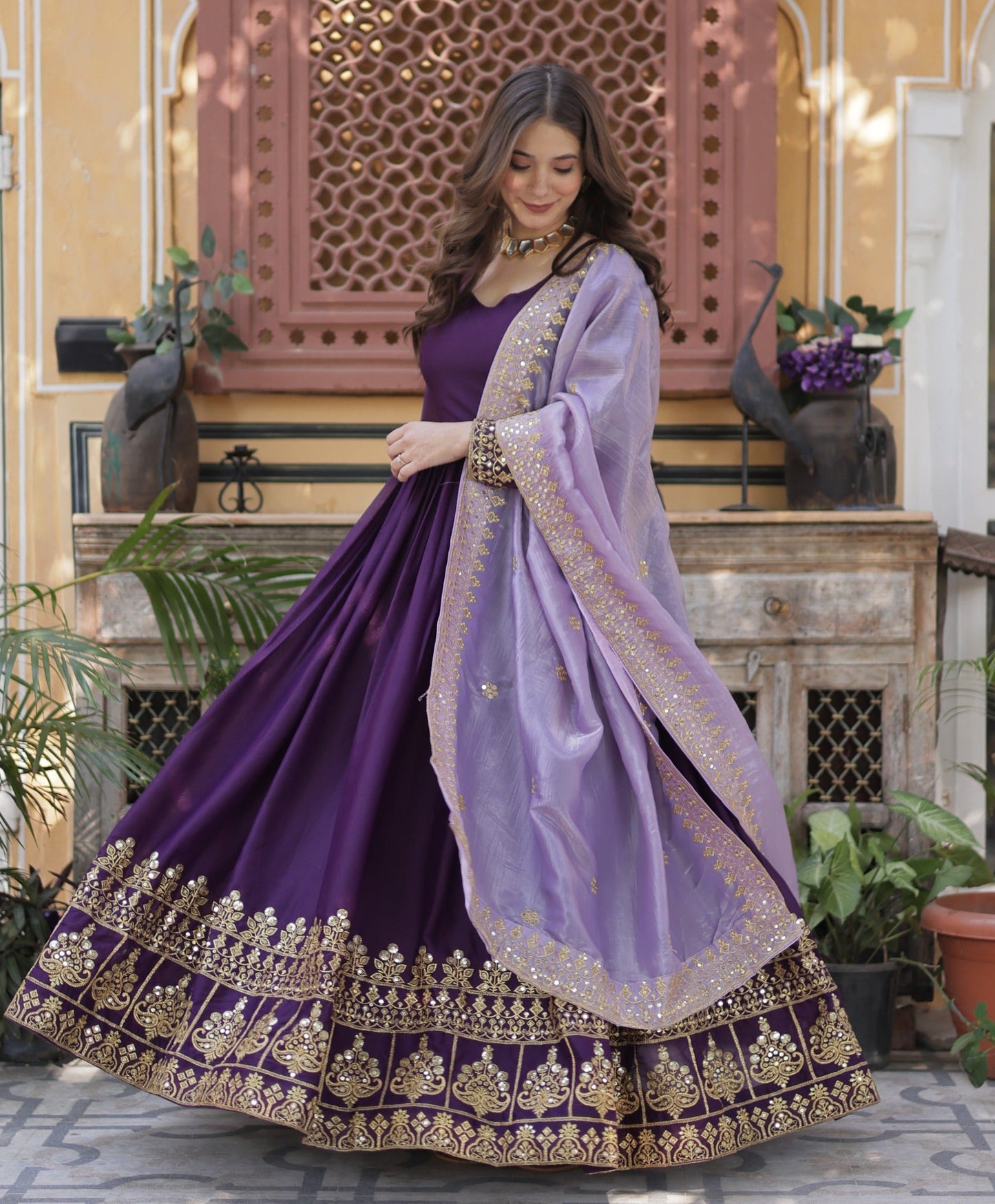 Wine Star Georgette with Embroidery Zari Sequins Work Gown With Dupatta