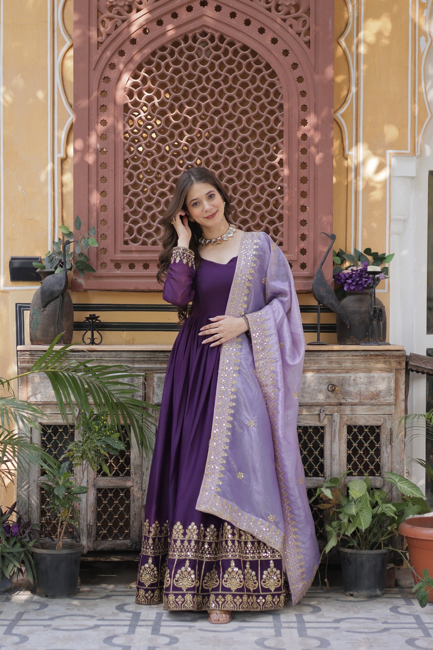 Wine Star Georgette with Embroidery Zari Sequins Work Gown With Dupatta