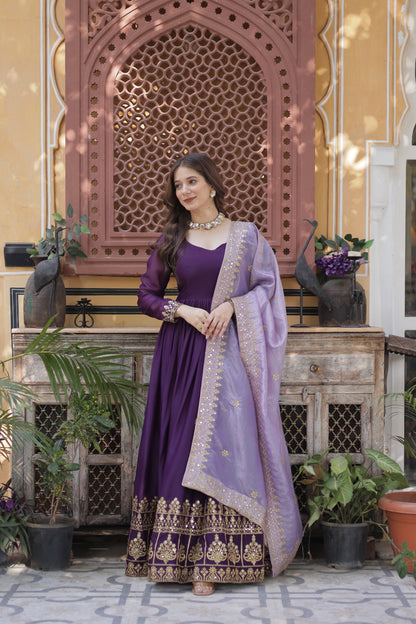 Wine Star Georgette with Embroidery Zari Sequins Work Gown With Dupatta