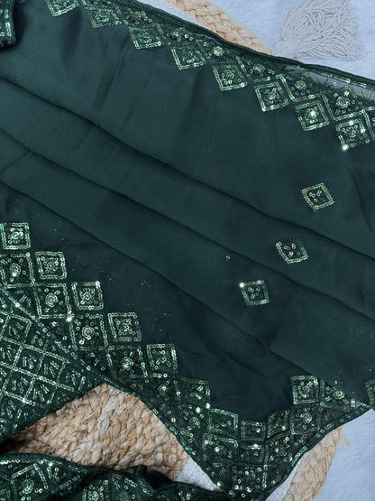 Bottle Green Soft Rangoli Silk Embroidery Work Saree