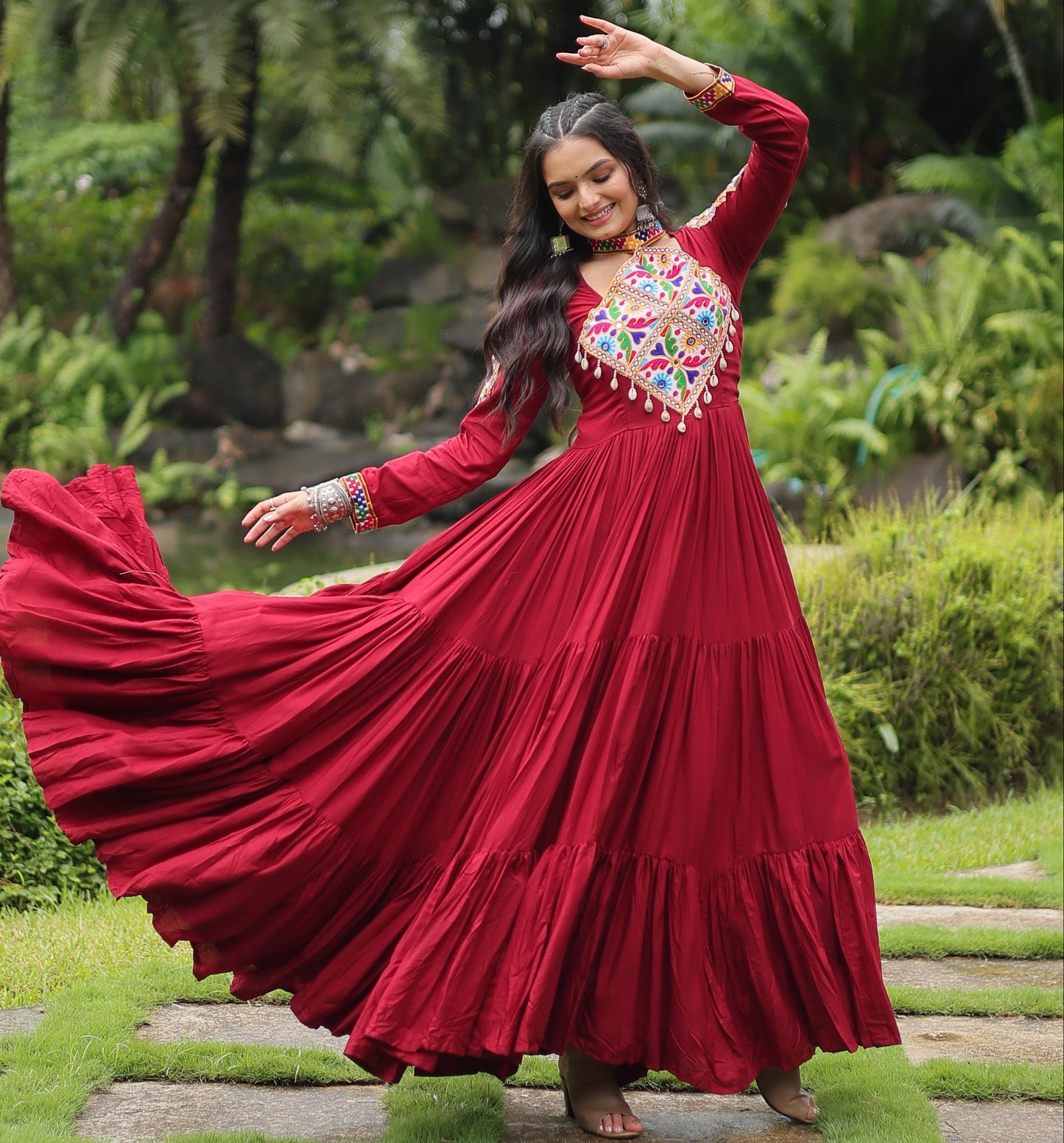 Maroon Kutchi Gamthi Work Gown
