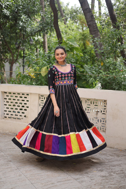 Black  Multicolour Thread Work Gown