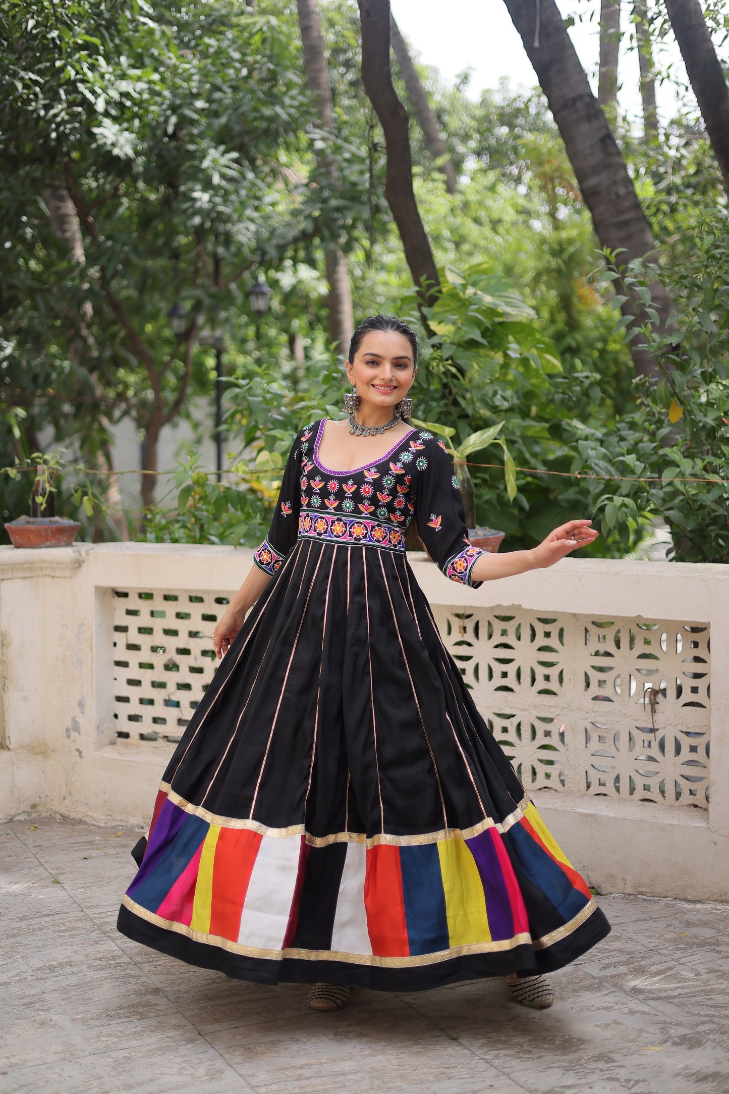 Black  Multicolour Thread Work Gown