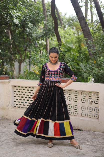 Black  Multicolour Thread Work Gown