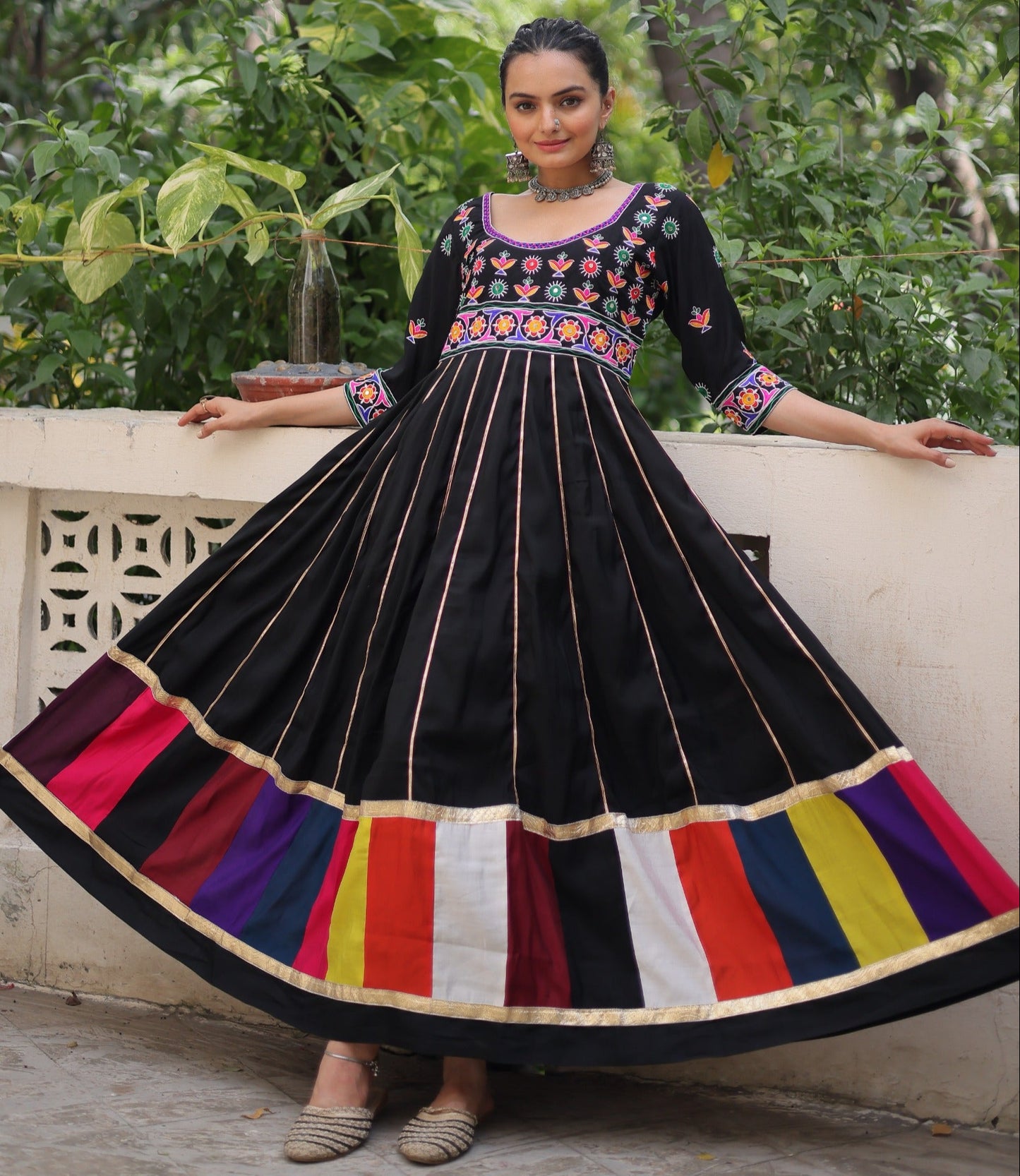 Black  Multicolour Thread Work Gown
