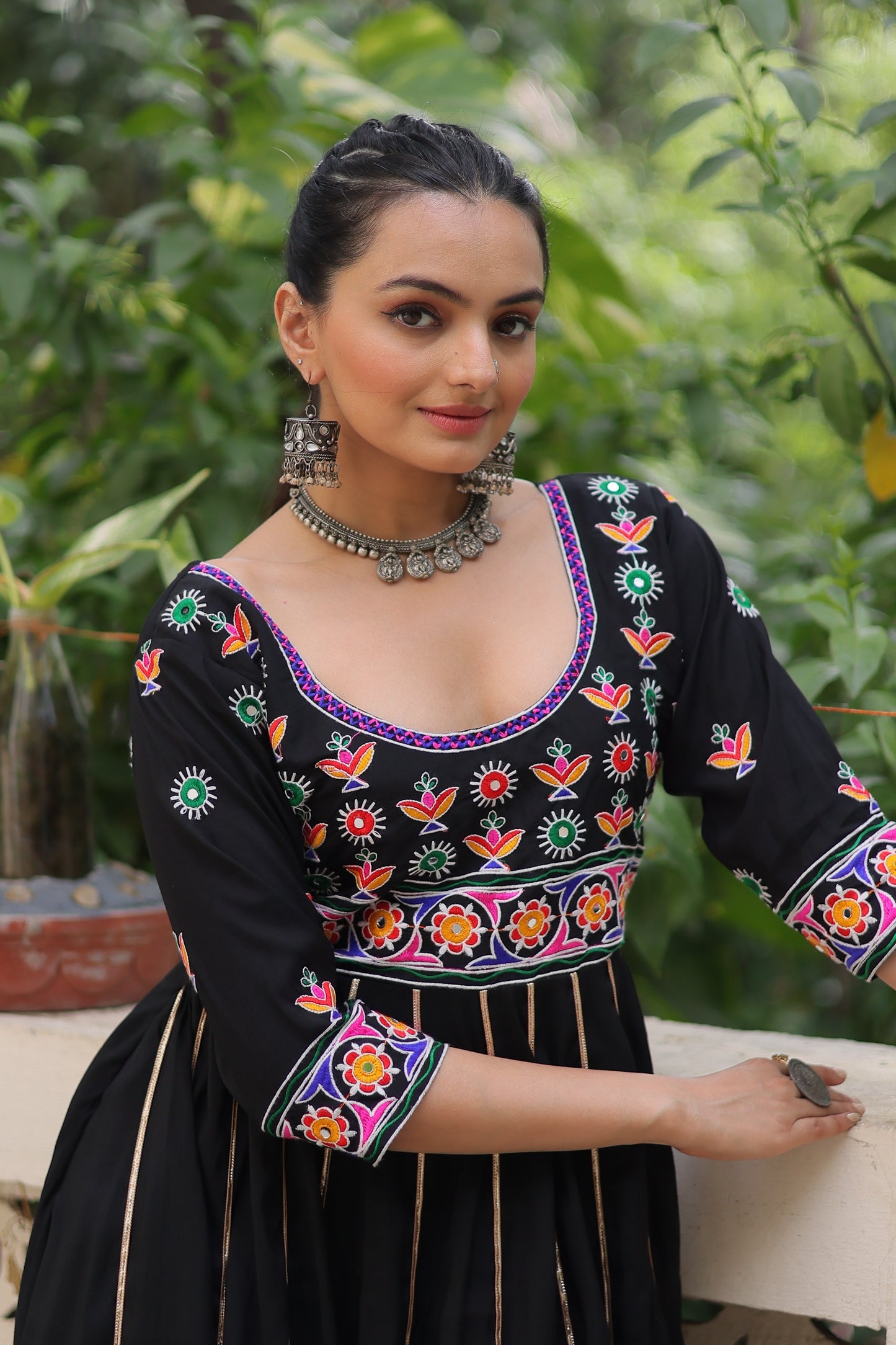 Black  Multicolour Thread Work Gown