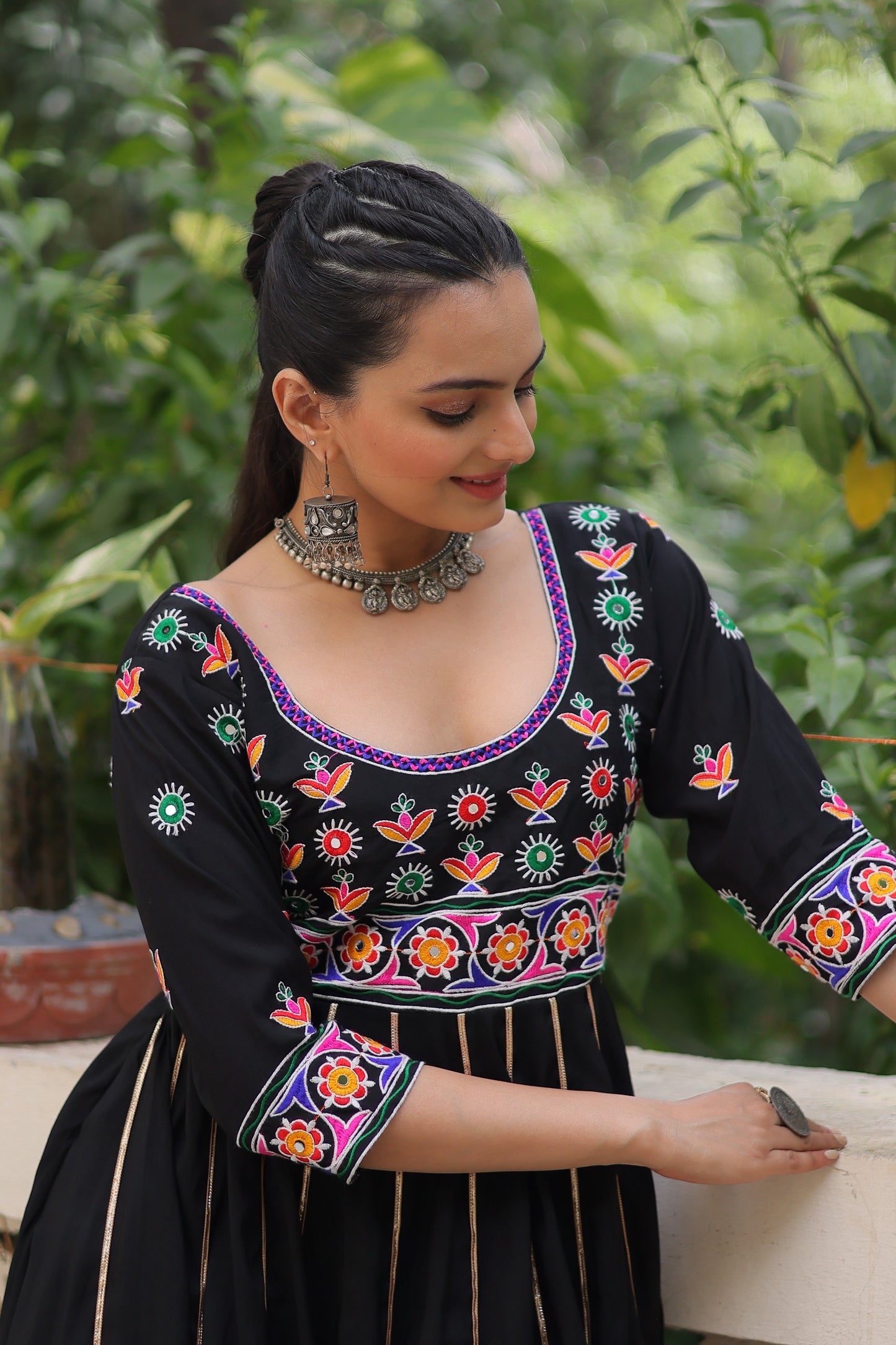 Black  Multicolour Thread Work Gown