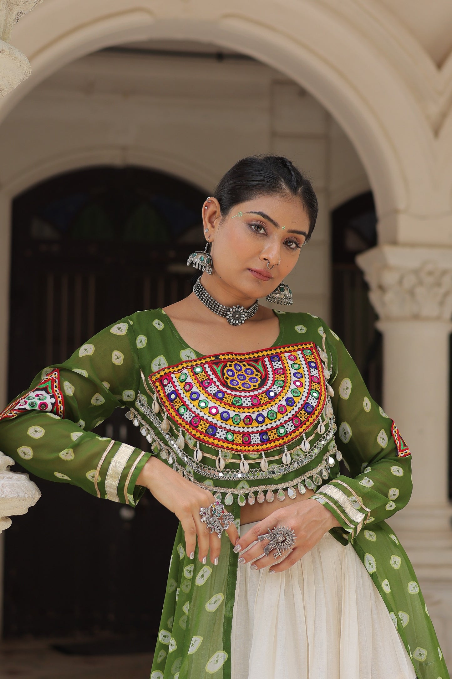 Parrot Green color Kora Cotton  Bandhani Print Lehenga With Kurti