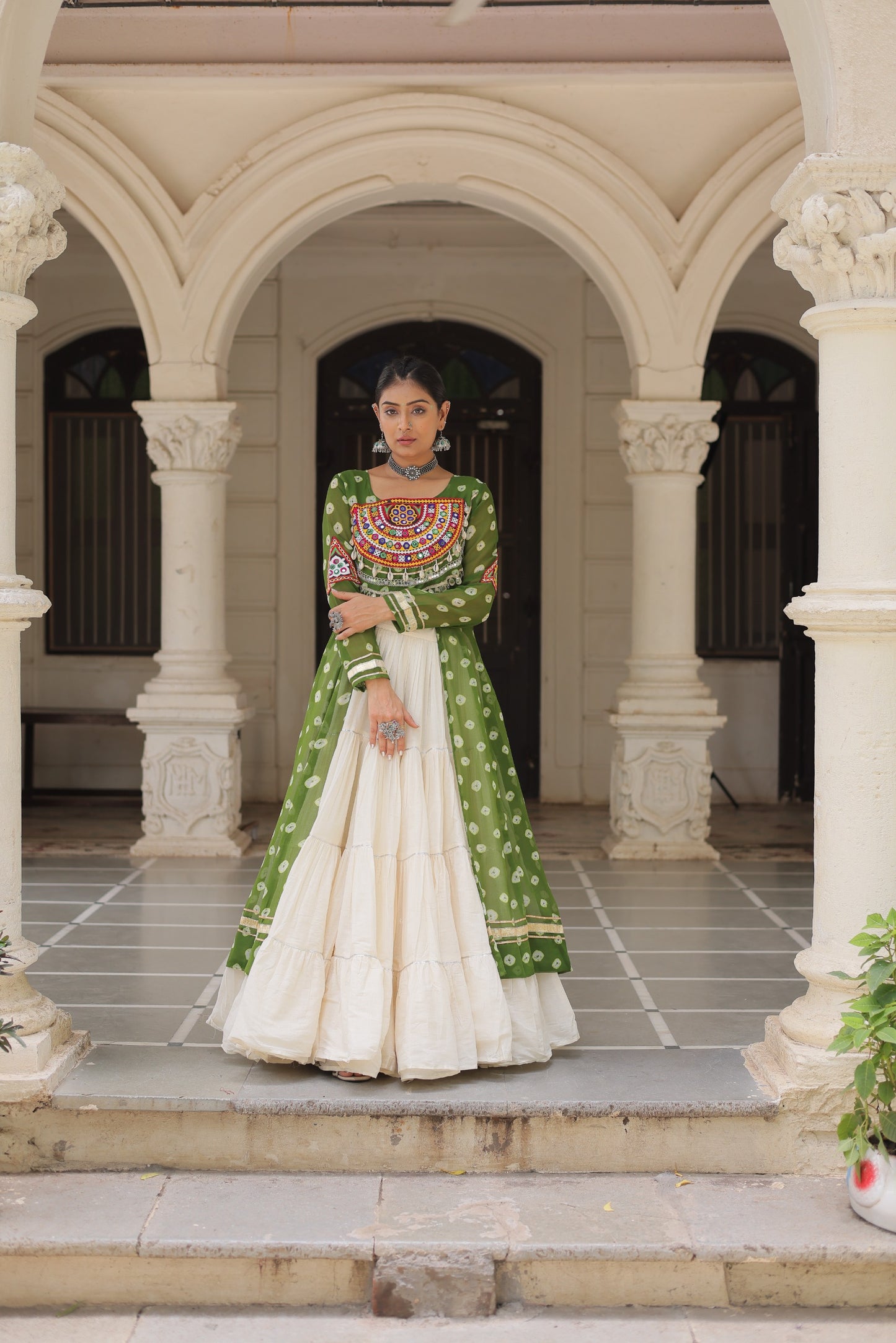 Parrot Green color Kora Cotton  Bandhani Print Lehenga With Kurti