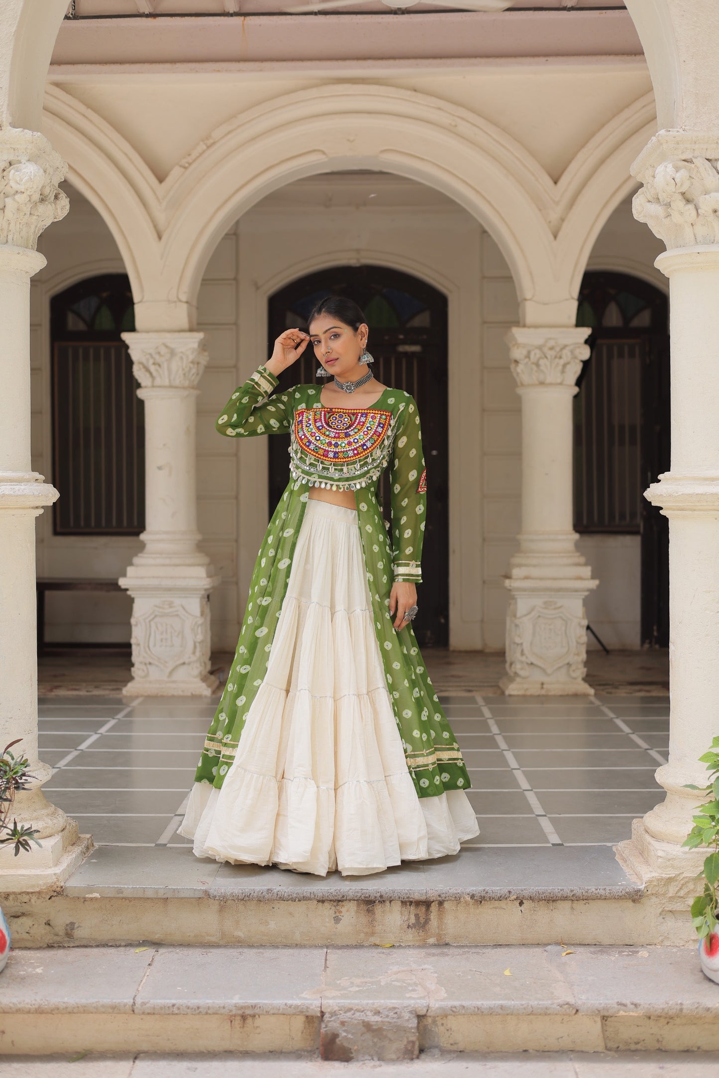 Parrot Green color Kora Cotton  Bandhani Print Lehenga With Kurti