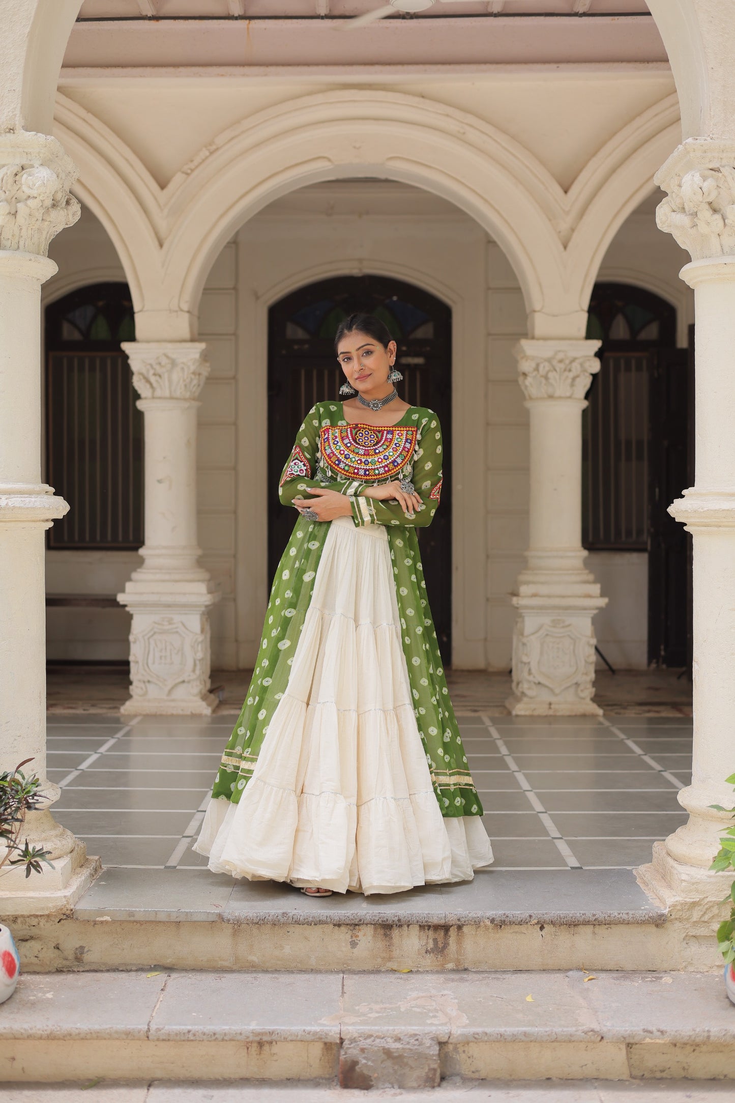 Parrot Green color Kora Cotton  Bandhani Print Lehenga With Kurti