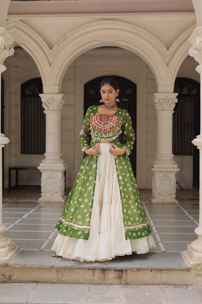 Parrot Green color Kora Cotton  Bandhani Print Lehenga With Kurti