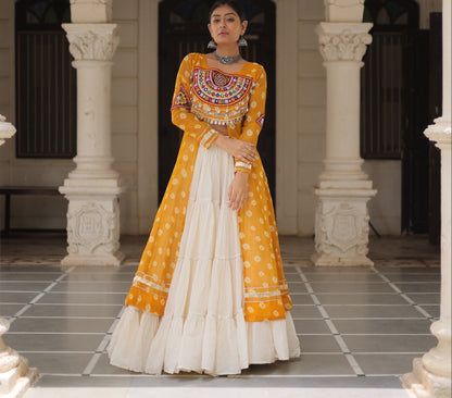 Yellow color Kora Cotton  Bandhani Print Lehenga With Kurti