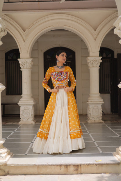 Yellow color Kora Cotton  Bandhani Print Lehenga With Kurti