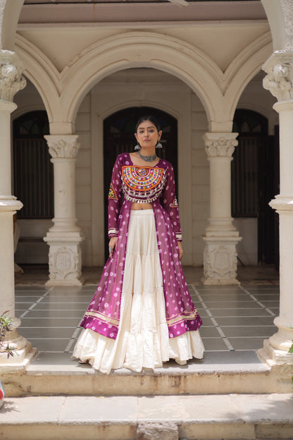 Purple color Kora Cotton  Bandhani Print Lehenga With Kurti