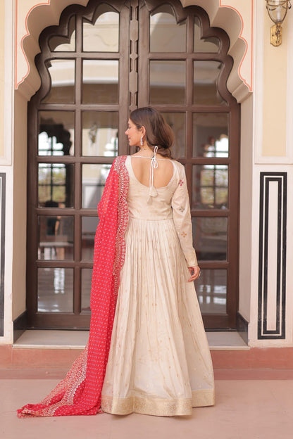 Pink Cosmos Weaving Jacquard with Pearl Beads Embroidered Work Gown With Dupatta