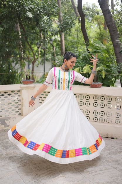 White Multicolor Thread and Mirror Work Gown