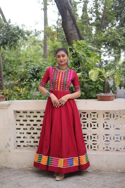 Red Multicolor Thread and Mirror Work Gown