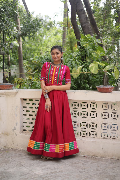 Red Multicolor Thread and Mirror Work Gown