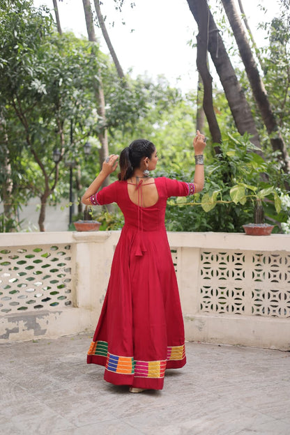 Red Multicolor Thread and Mirror Work Gown