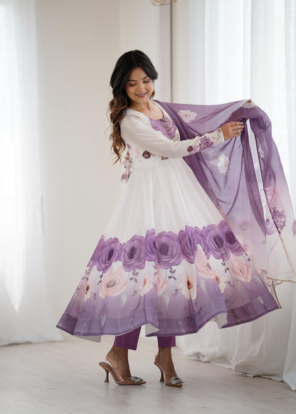 Violet Soft Organza Silk Jari Floral Work 3pc Kurta Set