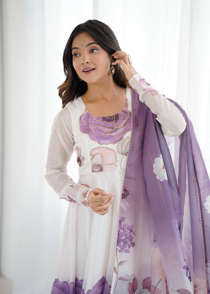 Violet Soft Organza Silk Jari Floral Work 3pc Kurta Set