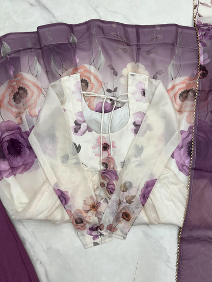 Violet Soft Organza Silk Jari Floral Work 3pc Kurta Set