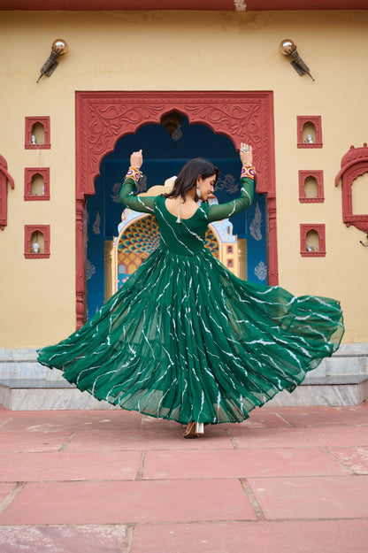 Green Laheriya Print with Kutchi Patchwork Gown