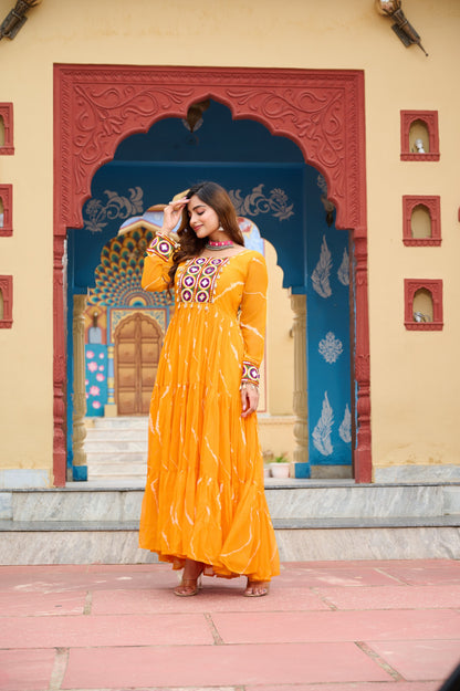Yellow Laheriya Print with Kutchi Patchwork Gown