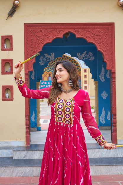 Pink Laheriya Print with Kutchi Patchwork Gown