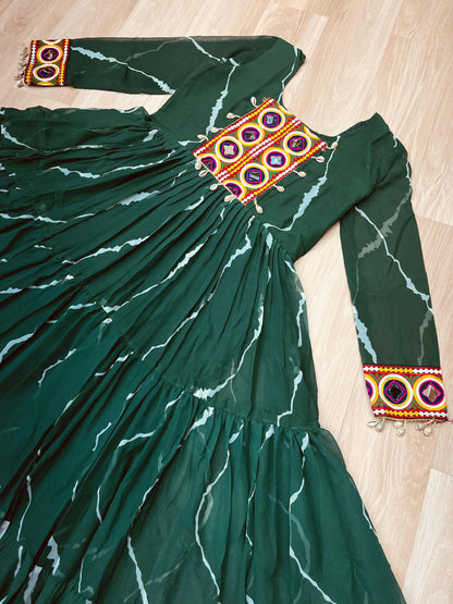 Green Laheriya Print with Kutchi Patchwork Gown