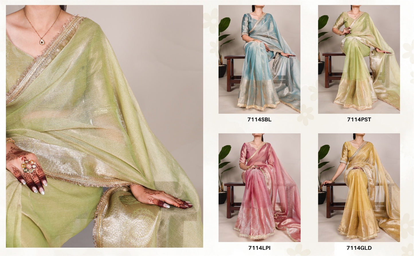 Pista Tissue Shimmer Zari With Sequins Lace Border Saree