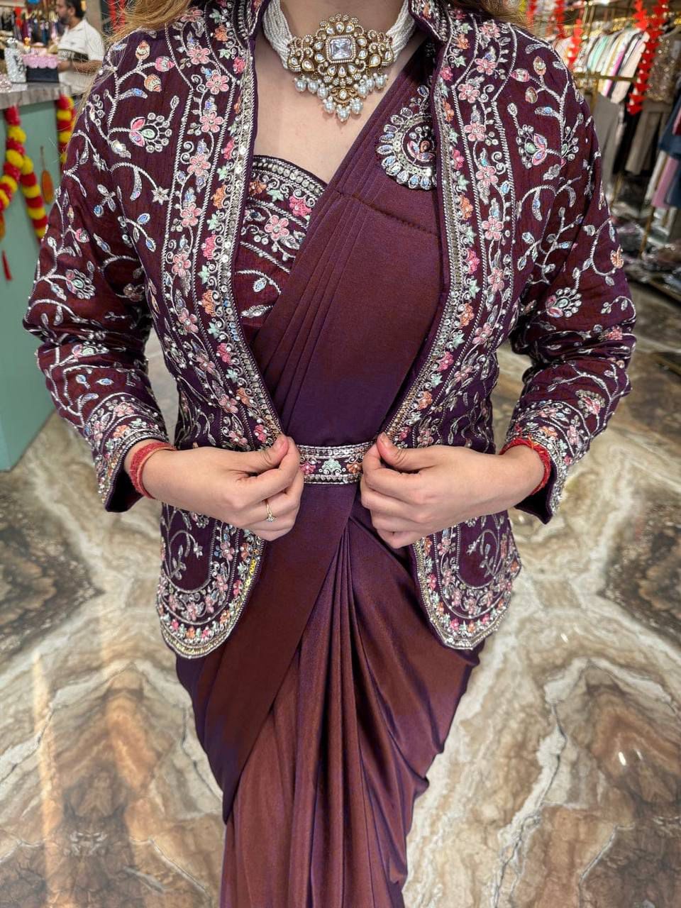 Heavy Satin Embroidery Work Saree