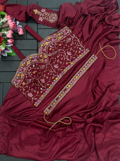 Heavy Satin Embroidery Work Saree
