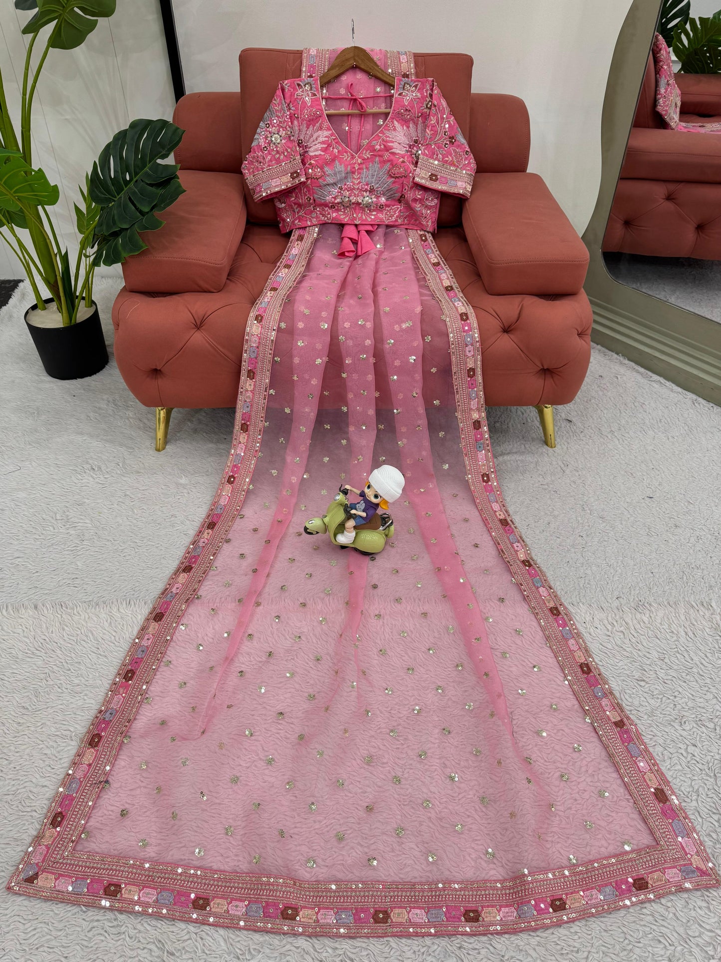 Pink Organza Silk Thread with Sequins Work Saree