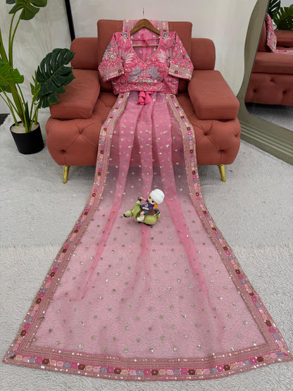 Pink Organza Silk Thread with Sequins Work Saree