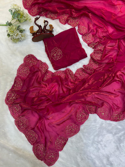 Dark Maroon Pure Space Silk With Katdana Handwork Saree