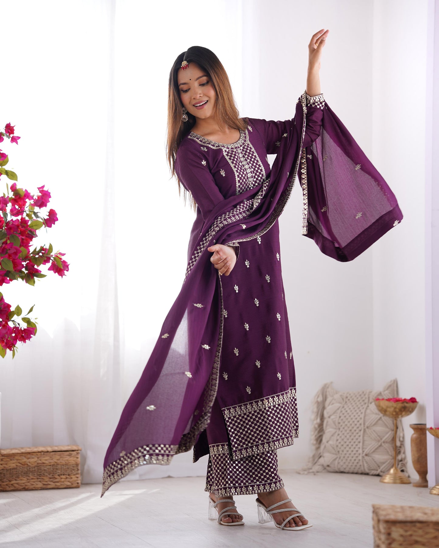 Wine Whisper – Elegant Embroidered Chinon Silk Straight Kurta Set with Dupatta