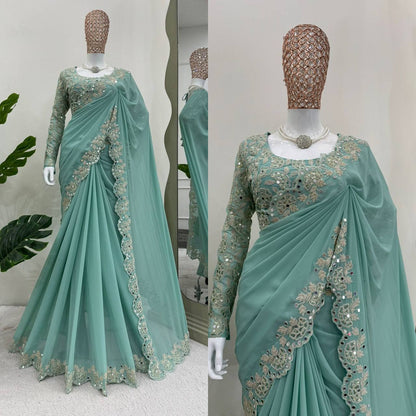 Pista Color Faux Georgette With Real Mirror Work Saree