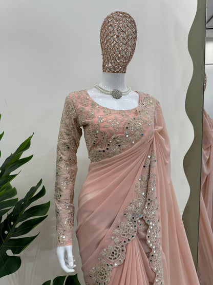 Baby Pink Color Faux Georgette With Real Mirror Work Saree