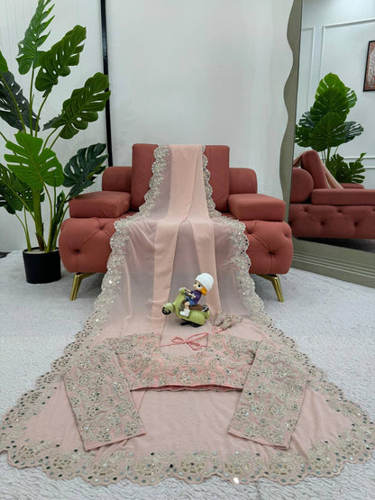 Baby Pink Color Faux Georgette With Real Mirror Work Saree