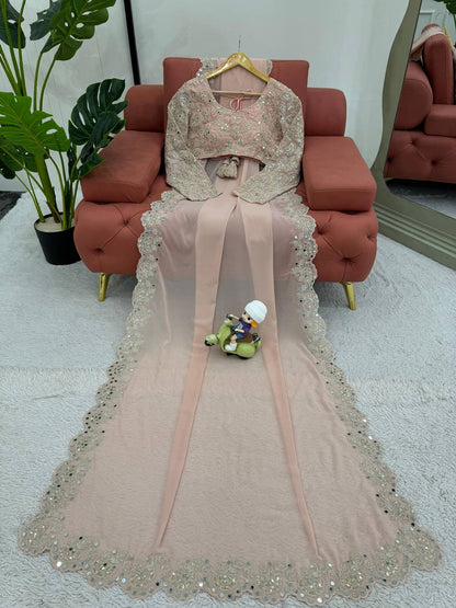 Baby Pink Color Faux Georgette With Real Mirror Work Saree