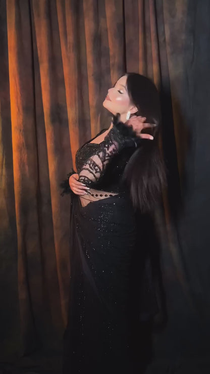 Beautiful Black Soft NetThread & Sequins work Saree