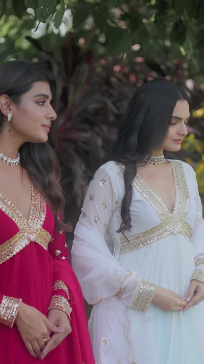 RANI PINK RUSSIAN SILK ZARI SEQUINS ANARKALI GOWN WITH CUT WORK DUPATTA