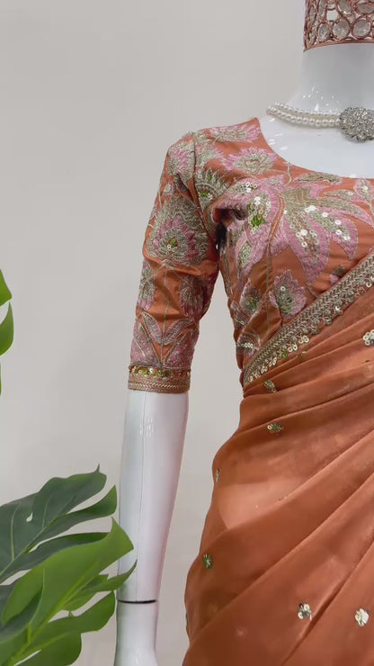 Orange Jimmy Chu Sequins Work Saree