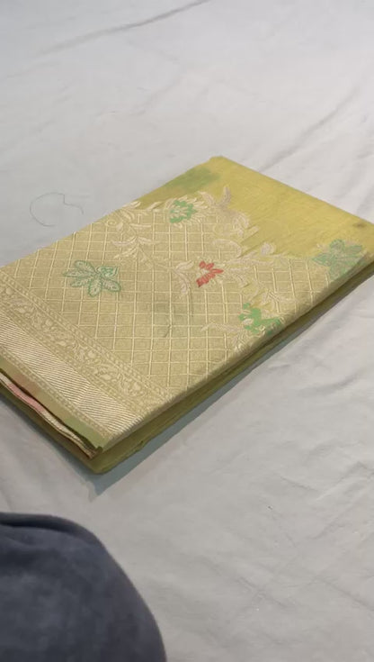 EXCLUSIVE MEENA WORK YELLOW COLOR PURE LINEN SILK SAREE