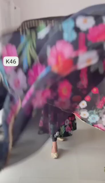 BLAK FLORAL PRINT WITH  BADLA ZARI WORK ANARKALI 3PC KURTA SET
