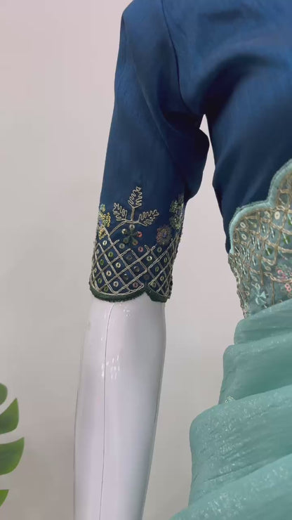 Sky Blue Crunchy Silk With Thread & Sequins Work Saree