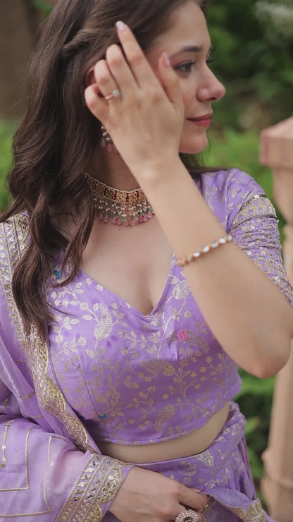 Golden Embroidered Sequins work With Viscose Jacquard Lehenga